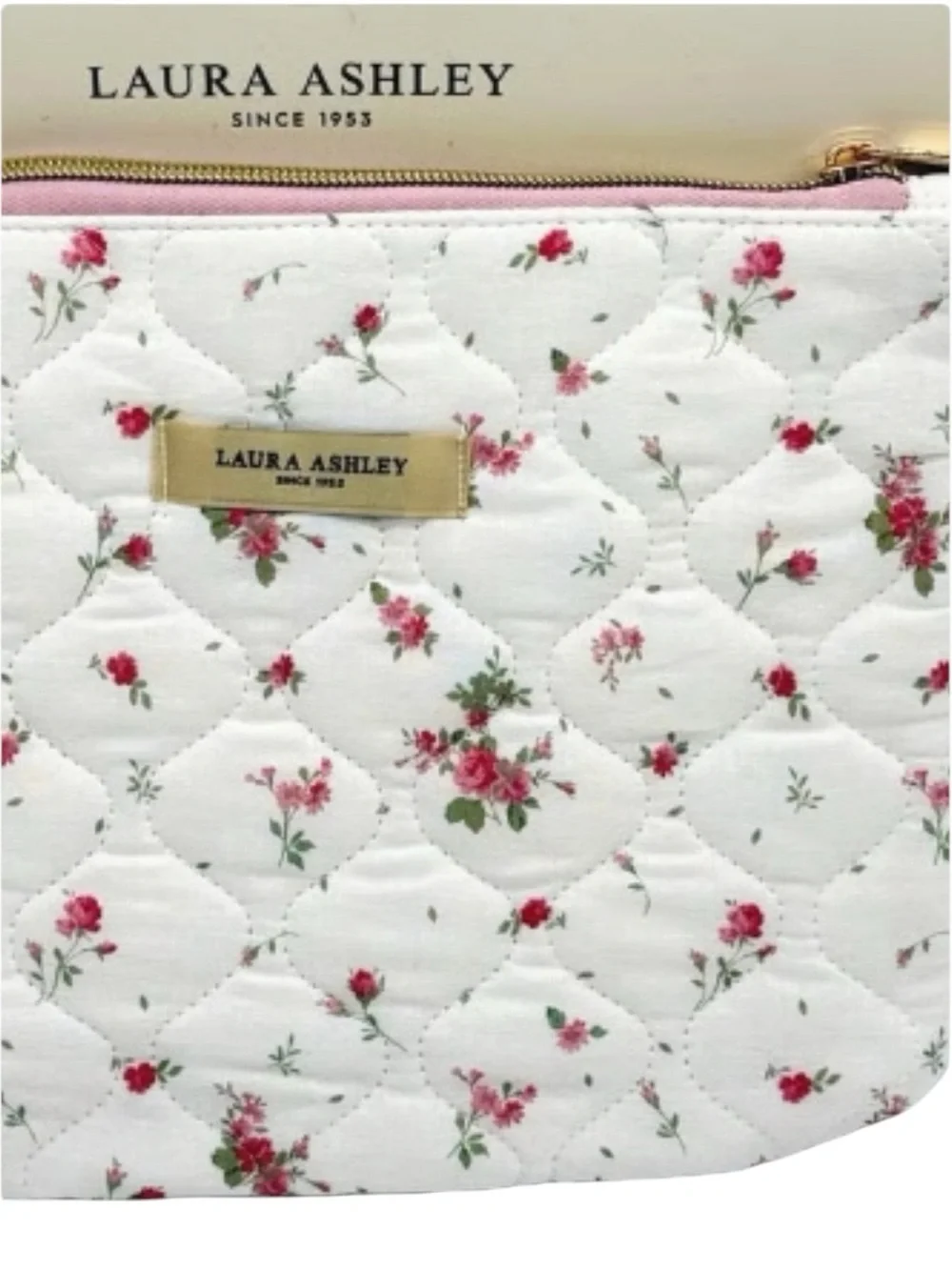 LAURA ASHLEY “Cora” Floral Quilted Zip Pouch with Pink Striped Lining - NEW